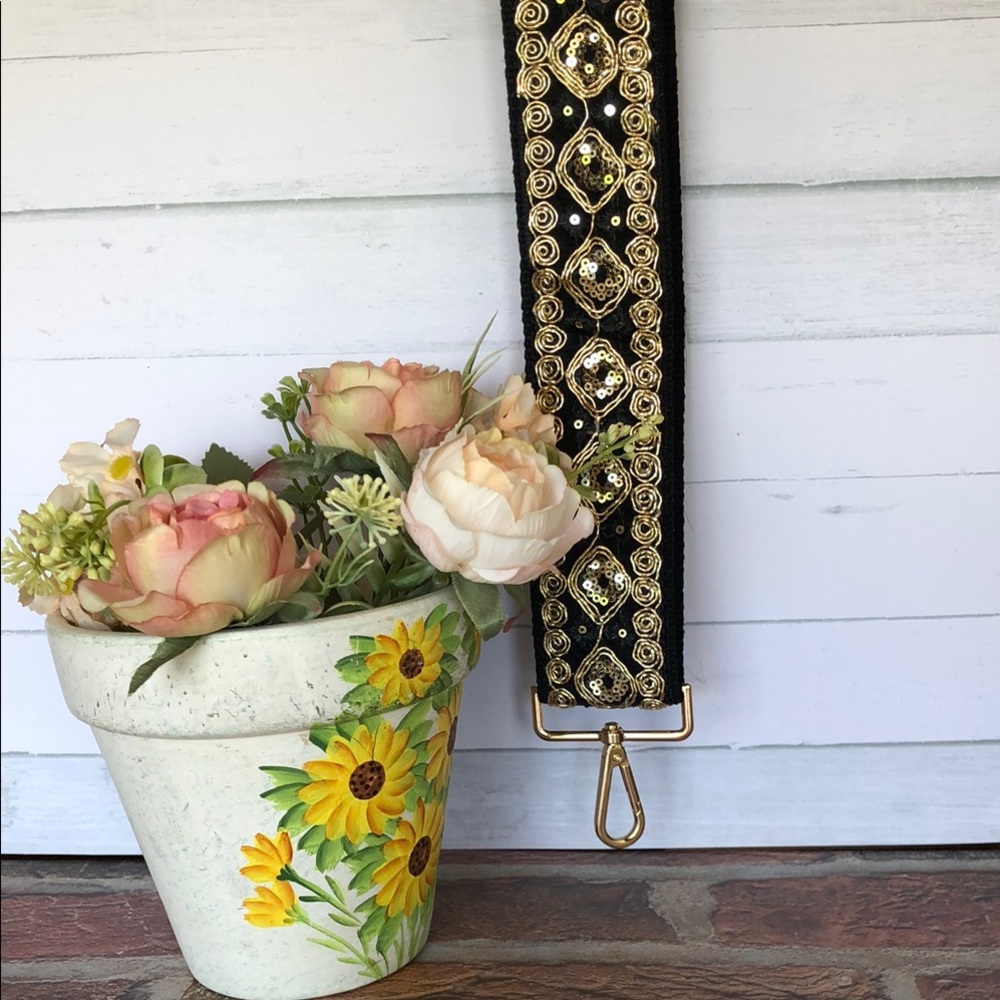 Embellished Black Strap with Gold Embroidery and Hooks